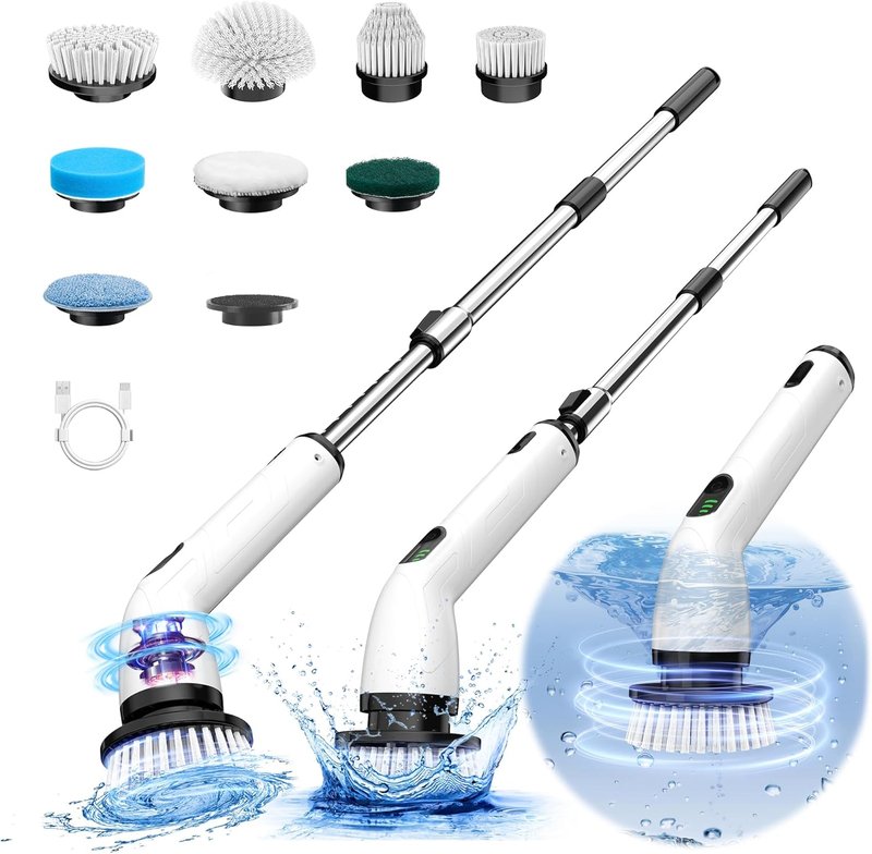 Electric Spin Scrubber - IPX7 Waterproof Cordless Shower Cleaner with 8 Heads & Extendable Handle | 2 Speeds, 2-Hour Runtime