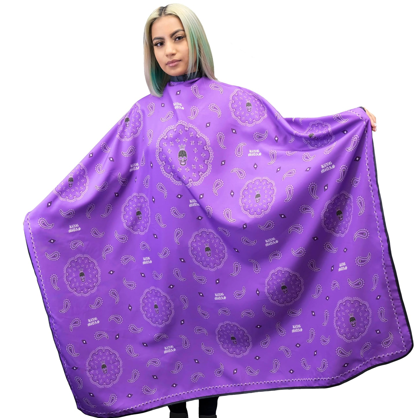 King Midas Barber Hair Cutting Cape for Men & Women - Adjustable Neck Hair Cape for Haircuts with Snap Button, Bandana Barber Cape - Paisley – Purple