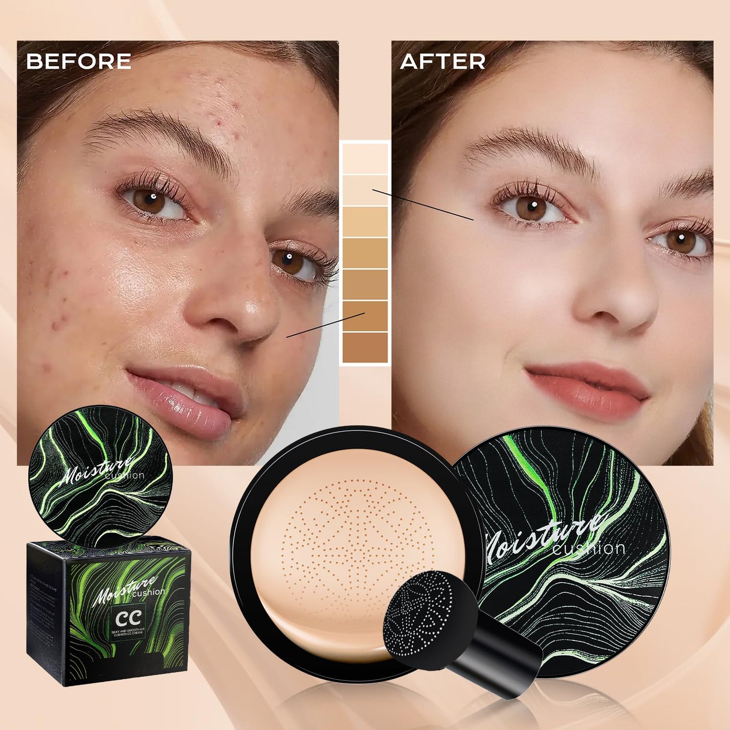 Ursoulney Mushroom Head Air Cushion CC Cream - Tattoo Cover up BB Cream Foundation Makeup Moisturizing Concealer Long-Lasting, Cushion Foundation Full Coverage Self Adjusting (Natural)