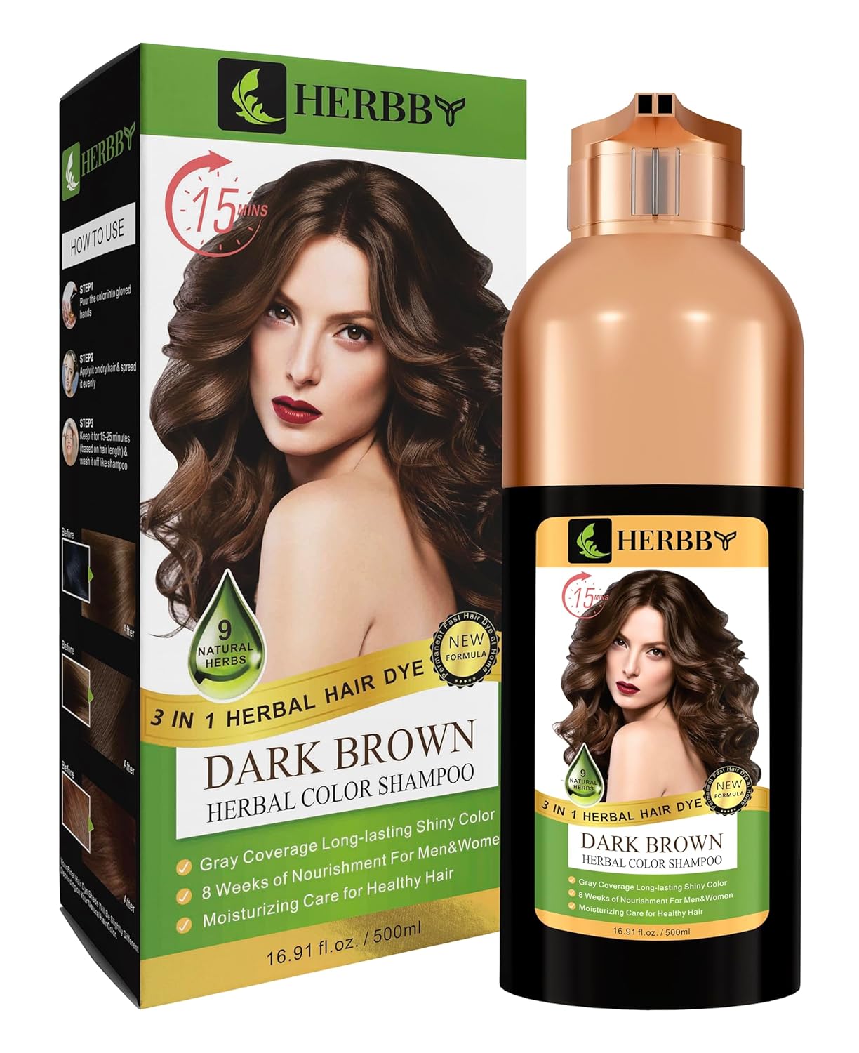 Hair Color Shampoo for Gray Hair Coverage | 9 Herbal Extracts, Long-Lasting Dark Brown Dye, 500ml