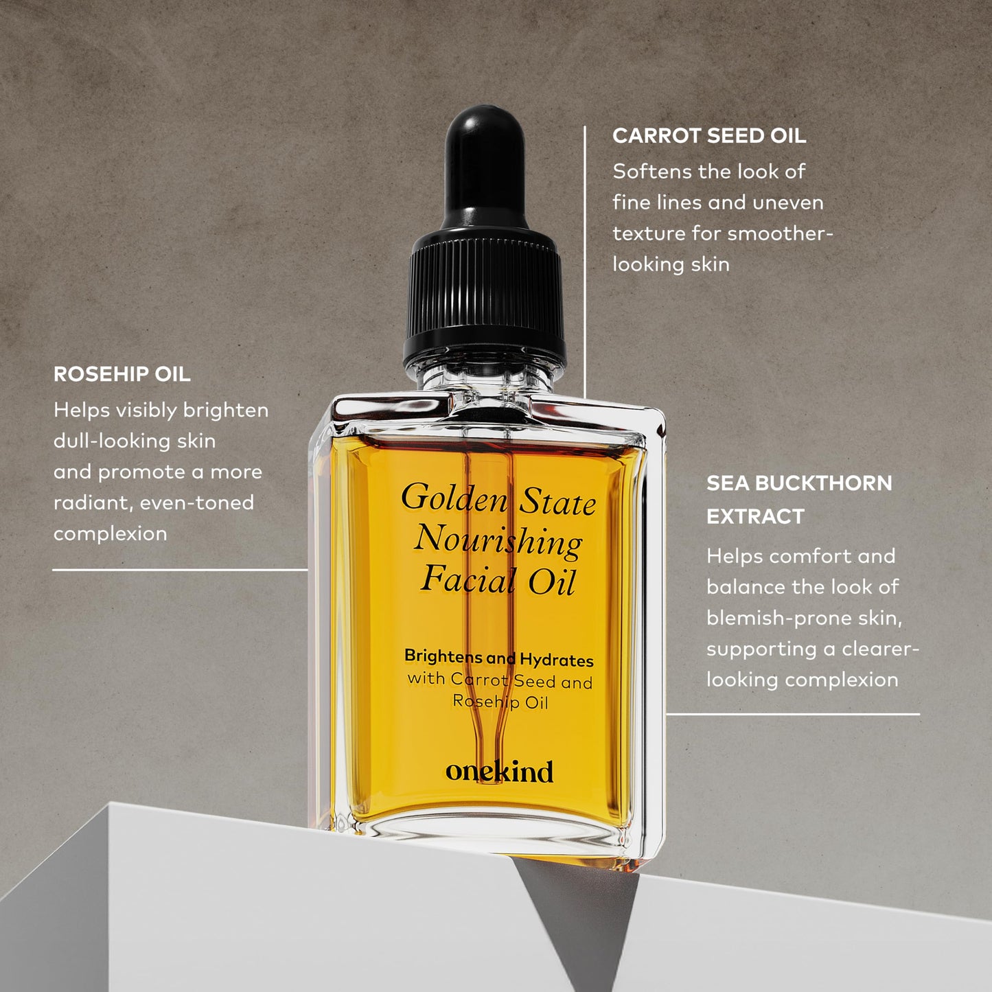 Onekind Golden State Anti Aging Botanical Face Oil with Rosehip Seed Oil, Sea Buckthorn Extract, Carrot Seed to Visibly Brighten, Firm, and Hydrate - Nourishing and Hydrating for Dry Skin