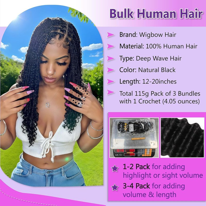Human Braiding Hair - 18 Inch Deep Water Wave Curly Bulk | 110g Knotless Crochet Extensions for Boho Braids
