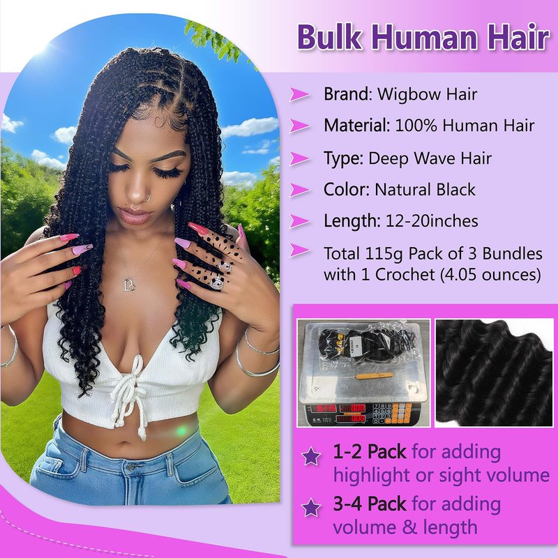 Deep Wave Bulk Human Braiding Hair for Boho Braids Water Wave 100% Human Hair for Boho Braiding Hair Crochet Wavy Curly Hair Extensions Bohemian Micro Braiding 3 Bundles 110g Natural Color 12 Inch