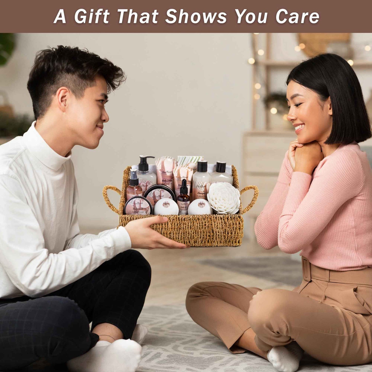 Bath Spa Gift Sets - Luxury Basket With Coconut & Vanilla - Spa Kit Includes Wash, Bubble Bath, Lotion, Bath Salts, Body Scrub, Shower Puff, Bathbombs, Soap in Wooden Basket