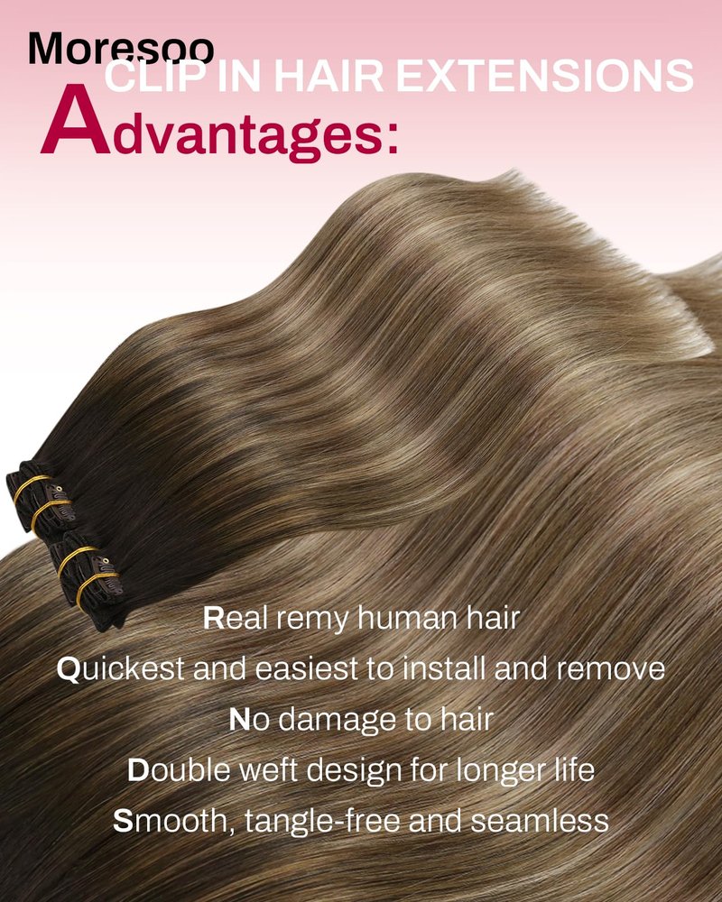 Moresoo Clip in Hair Extensions Real Human Hair Balayage Human Hair Clip in Extensions Ombre Dark Brown to Golden Brown With Blonde Hair Extensions Clip ins 12inch 80g 5pcs