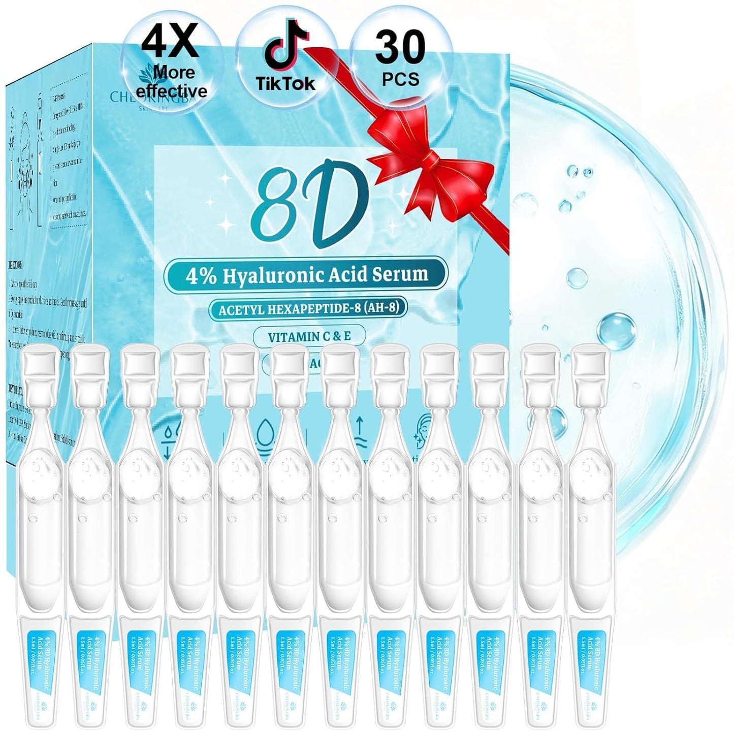 Hyaluronic Acid Serum - Ultra Hydrating Anti-Aging Formula with Acetyl Hexapeptide-8 | 30 Single-Use Ampoules for Dry & Sensitive Skin