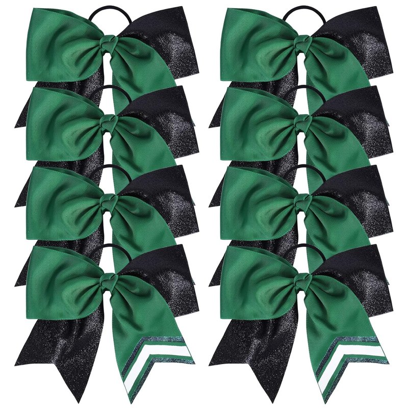 Large Glitter Cheer Bows - 8PCS Two-Toned Shiny Hair Accessories for Cheerleaders | Black/Green