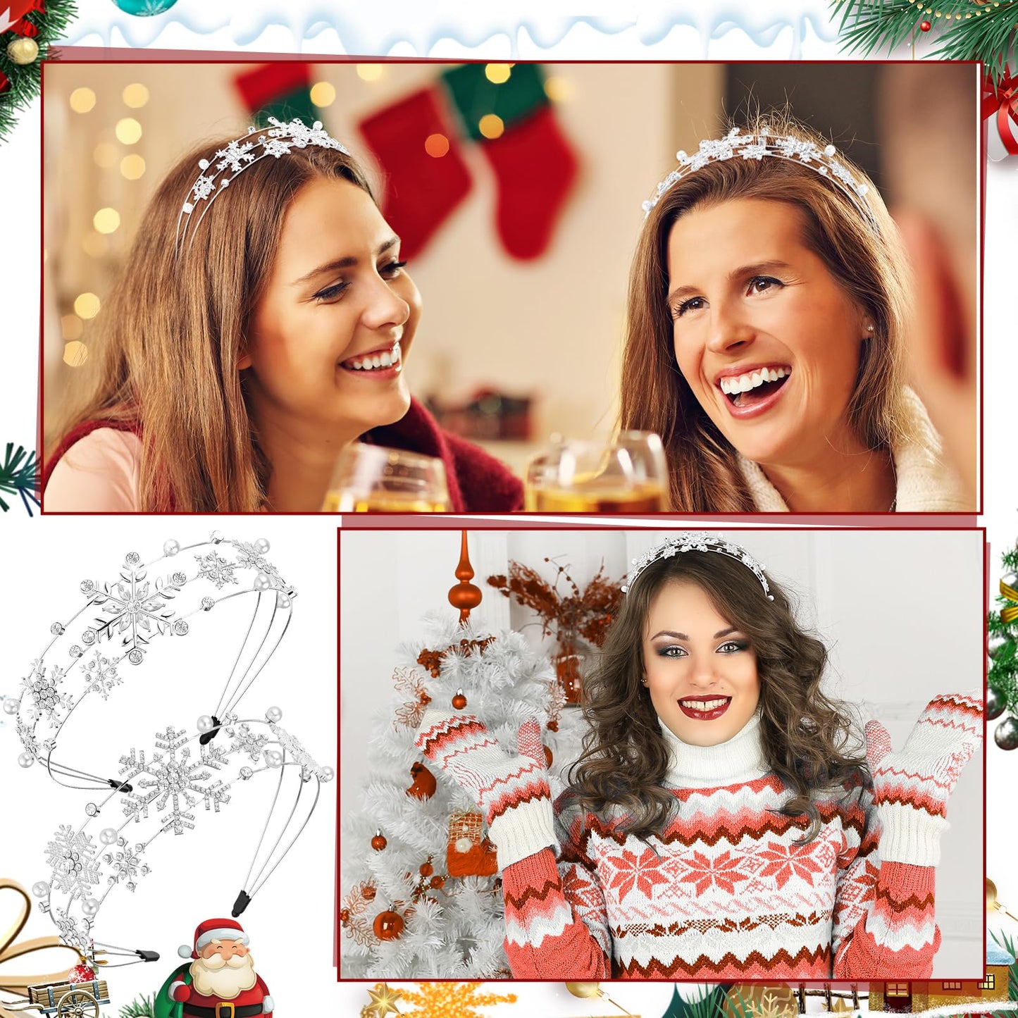 Hoteam 2 Pcs Christmas Headband Silver Snowflake Pearl Rhinestone Headbands for Women Winter Christmas Party Decoration Holiday Hair Hoop Accessory Gifts