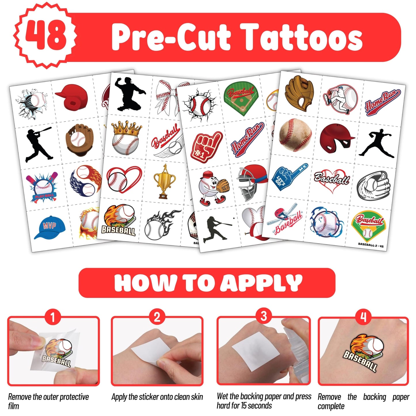 72PCS Baseball Party Set - 48PCS Temporary Pre - Cut Tattoos & 24PCS Slap Bracelets - Fun Sports-Themed Birthday Supplies, Baby Shower Gifts, Classroom Rewards & Party Decor for Kids (Boys & Girls)