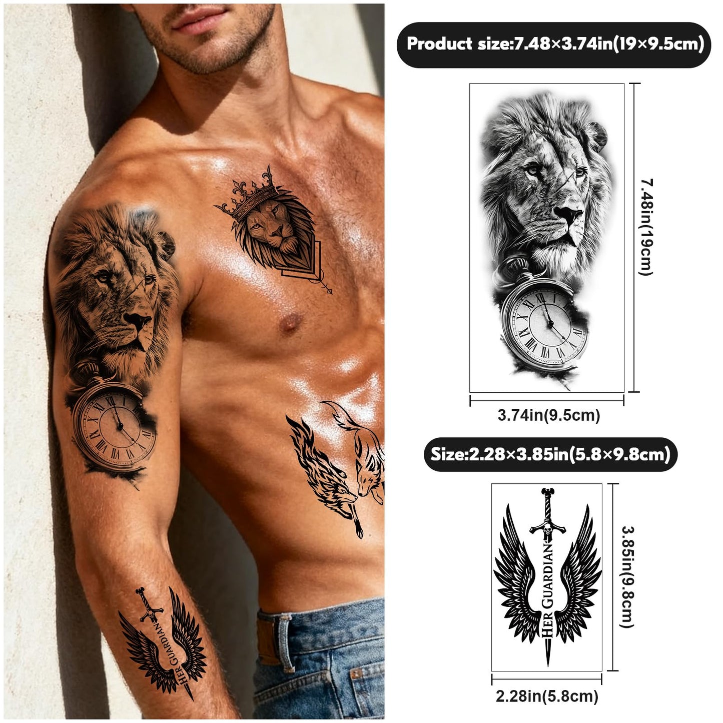 92 Sheets Temporary Tattoo, 17 Sheet Half Arm Lion Wolf Tiger Dragon Butterfly Rose Fake Tattoos for Women Men, 75 Sheet Realistic Tiny Tattoos Stickers for Adult Body Chest Neck Hand
