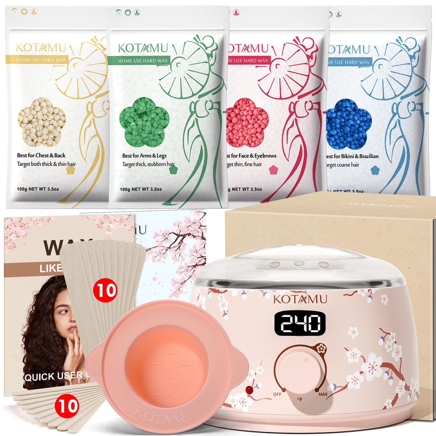 KOTAMU Waxing Kit for Women & Men, Wax Warmer for Hair Removal, Digital Wax Kit with Silicone Pot，Ideal for Face Eyebrow Arm Legs Armpit &Sensitive Skin, Waxing Machine for Home Salon Use- Cherry