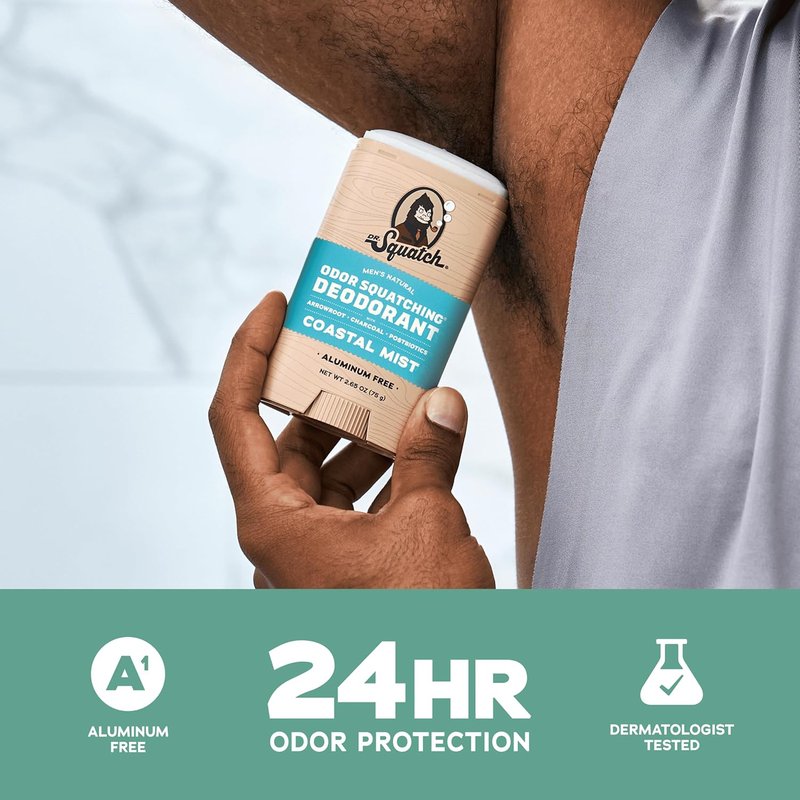 Dr. Squatch Natural Men's Deodorant - Aluminum-Free Charcoal Deodorant for 72-Hour Odor Protection | Coastal Mist, 2.65oz Stick (2-Pack)