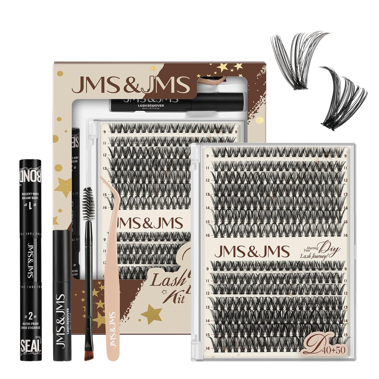 JMS&JMS DIY Lash Extension Kit Lash Clusters Kit 40D+50D D Curl Individual Lashes Eyelash Extension Kit 280 pcs Thin Band Cluster Lashes Lash Bond and Seal Tweezers Easy to apply
