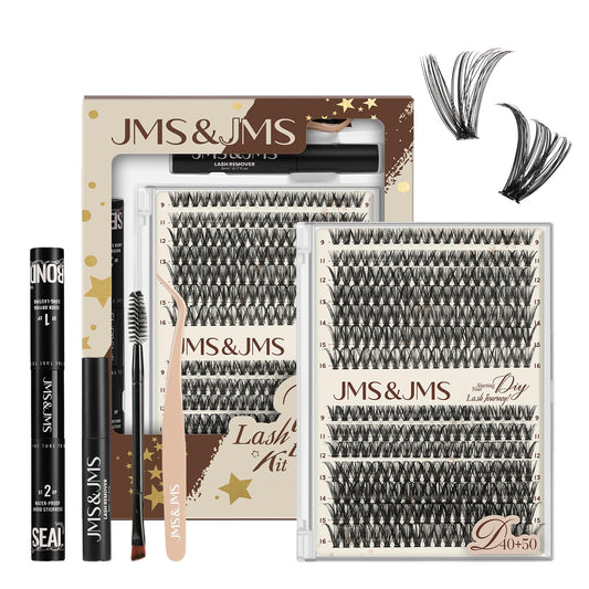 JMS&JMS DIY Lash Extension Kit Lash Clusters Kit 40D+50D D Curl Individual Lashes Eyelash Extension Kit 280 pcs Thin Band Cluster Lashes Lash Bond and Seal Tweezers Easy to apply