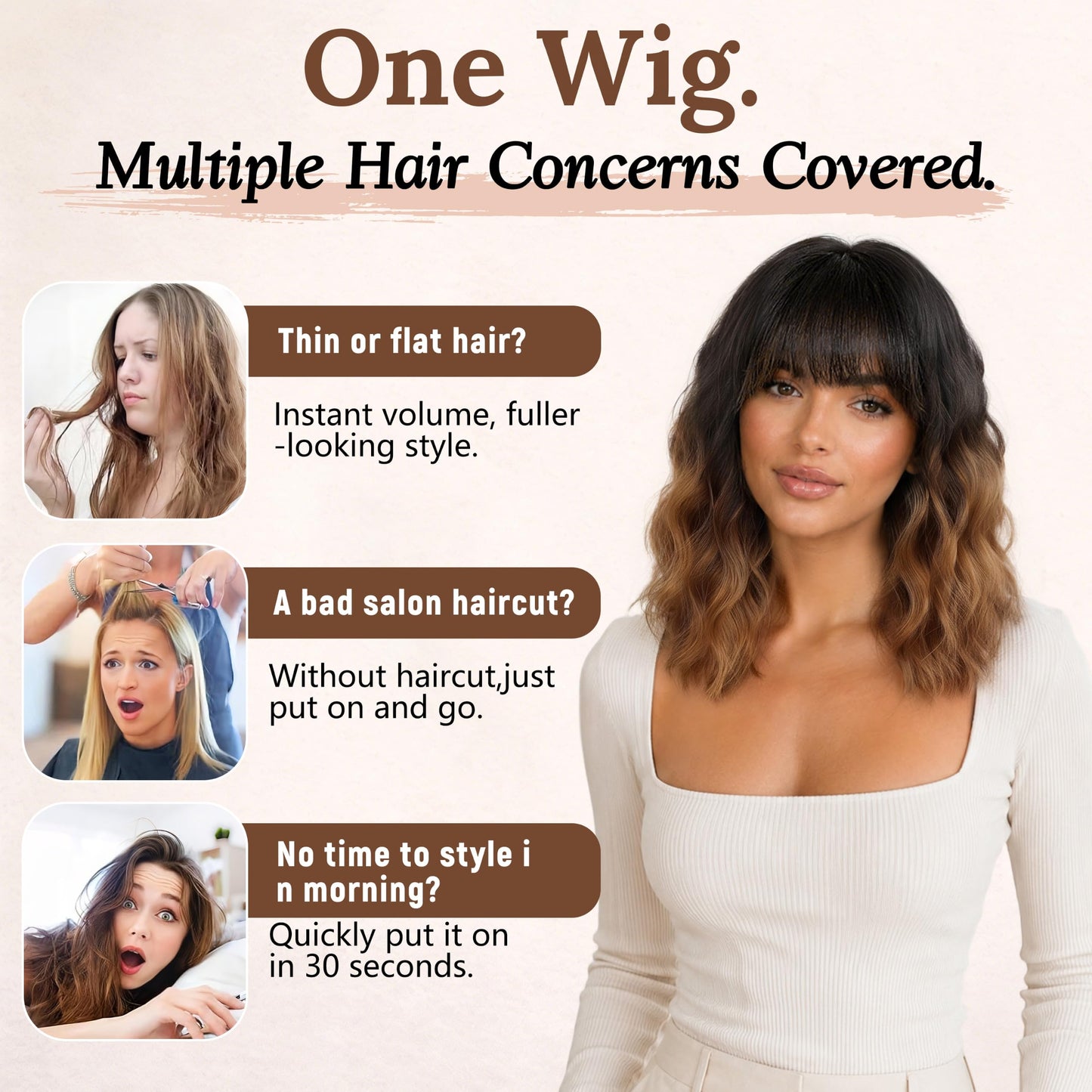 Nnzes Short Wavy Wig with Bangs for Women Shoulder Length Bob Curly Women's Charming Synthetic Wigs with Natural Wavy Black To Brown Heat Resistant Hair for Daily Party Use