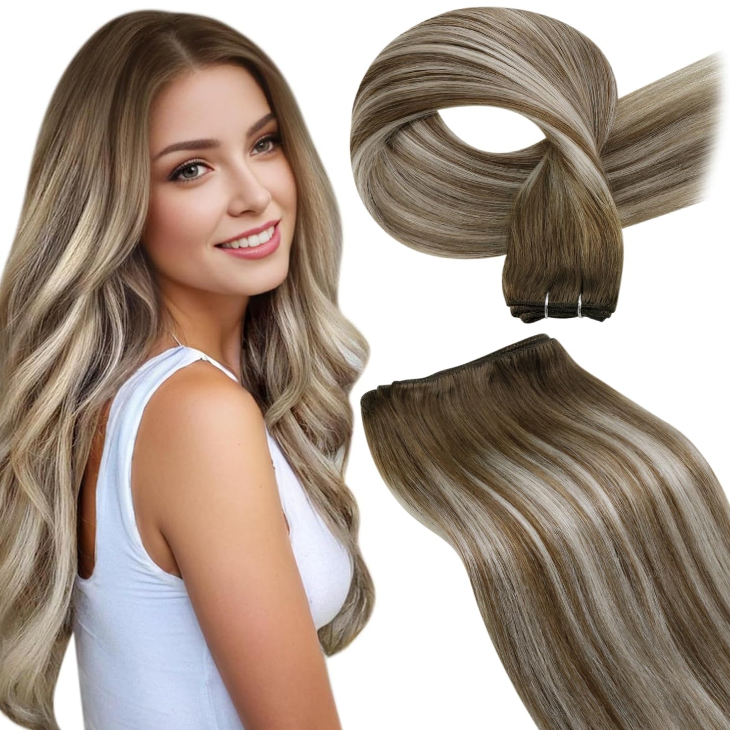 LaaVoo Weft Hair Extensions Human Hair Brown Ombre Sew in Human Hair Extensions Short Sew in Extension Balayage Light Brown to Platinum Blonde Mix Brown 80g 12 Inch