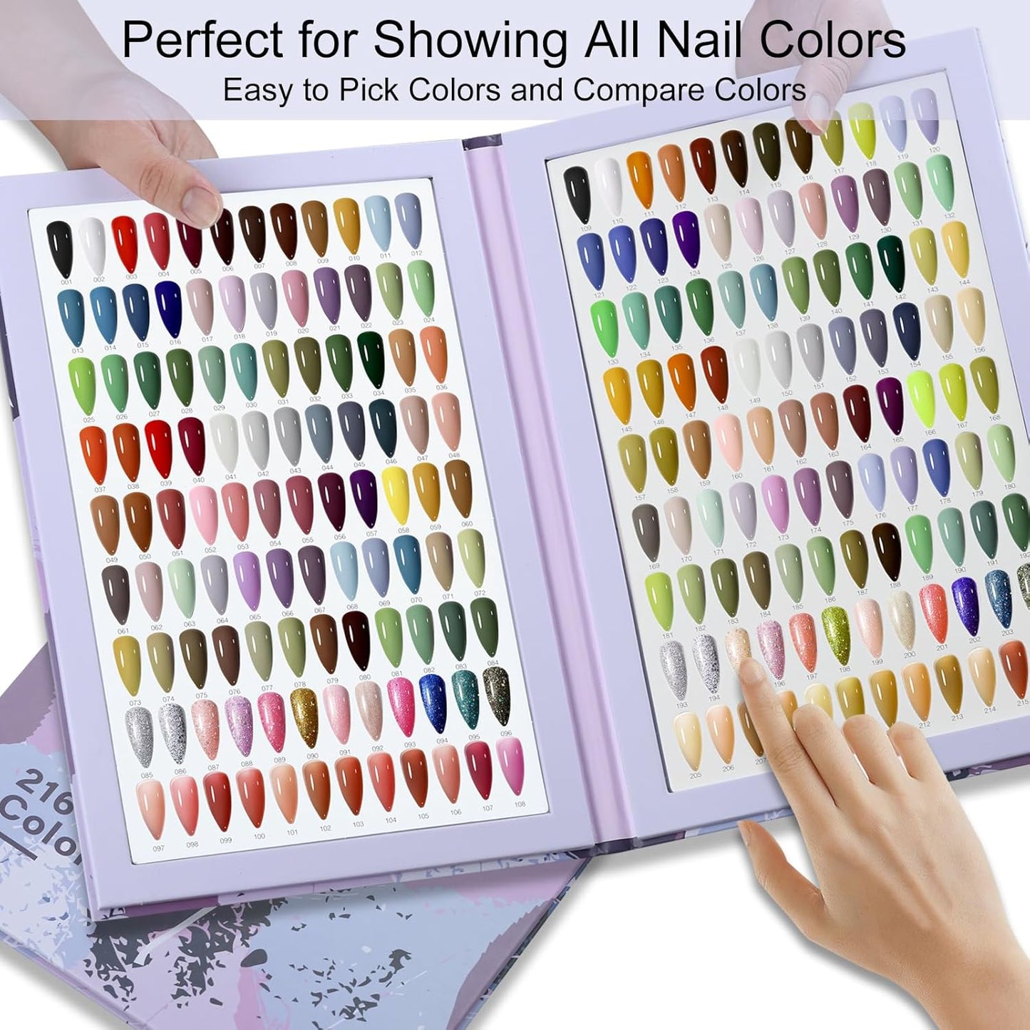 Nail Color Display Book - 216 Nail Colors with 240 Tips & Number Labels | Purple Swatch Guide