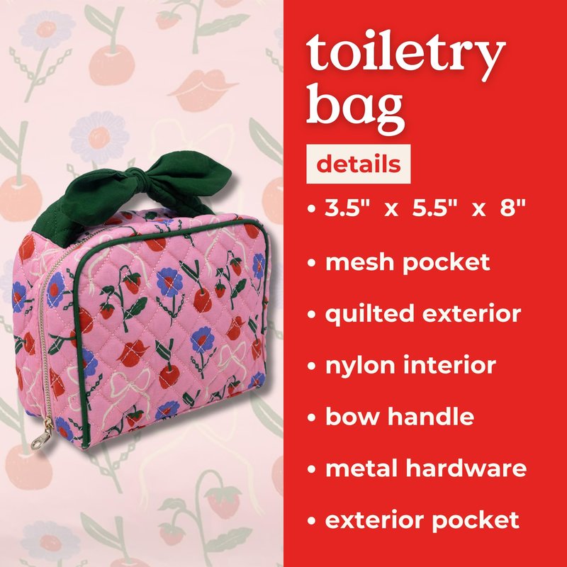 ban.do Getaway Quilted Toiletry Bag with Bow Handle, Cherry Lips
