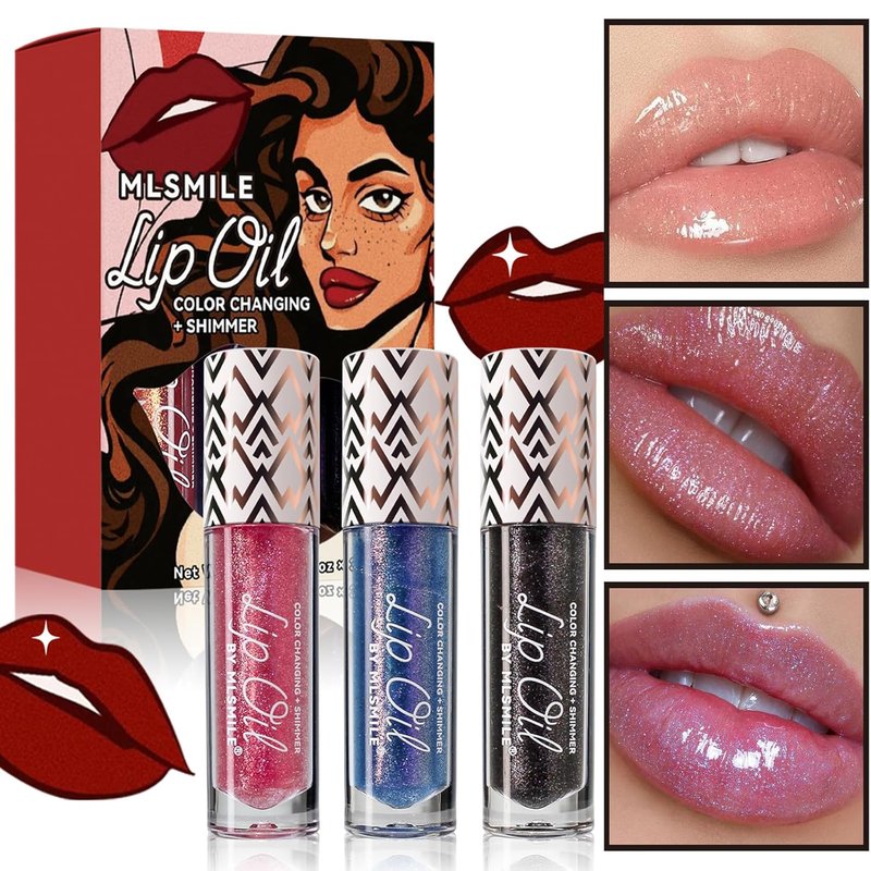 Color Changing Lip Oil - 3 Pcs Shimmering Tinted Gloss for Moisturizing Lip Care | Long-Lasting Nourishing Formula