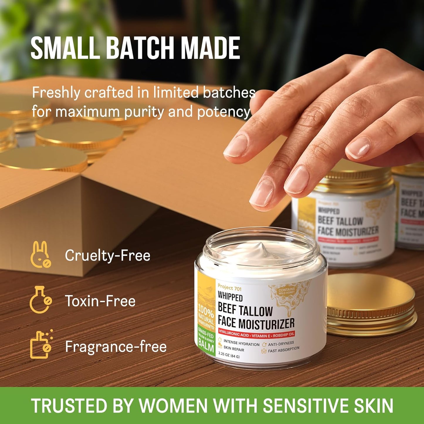 Beef Tallow Face Cream - All-Natural Moisturizer with Honey & Hyaluronic Acid | 2.25 oz for Dry, Sensitive Skin
