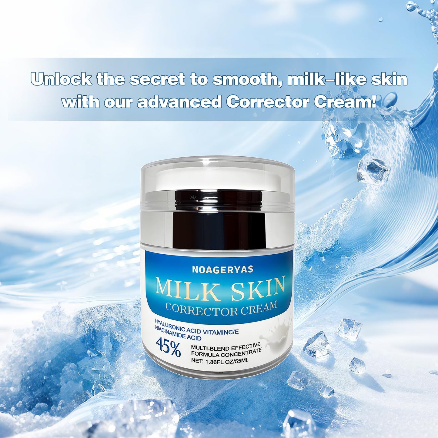 NOAGERYAS Corrector Cream with Hyaluronic Acid, Vitamin C, Niacinamide & 45% Multi-Action Concentrate - Reduces Fine Lines & Acne Scars for Smooth, Milk-Like Skin - 1.86 oz