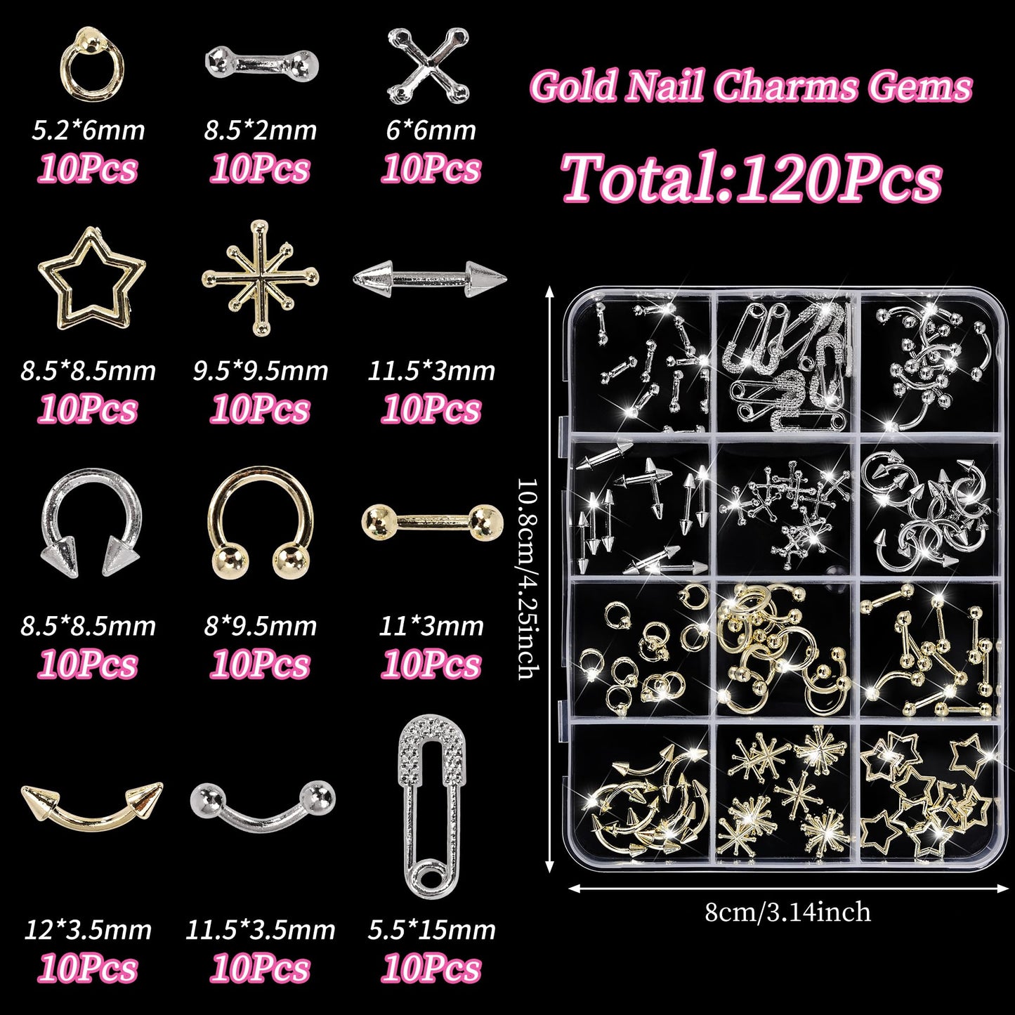 120 Silver Star Nail Charms - Gold Rivets Cross Nail Charms - 3D Crystal Nail Art, Y2k Retro Nail Rrt Cross Charm for DIY Designs Supplies B