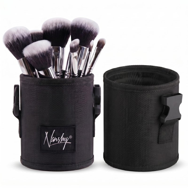 Nanshy Travel Makeup Brush Holder with Lid - Large, Stand Up Makeup Brush Case for MUA - 2-in-1 Durable Makeup Brush Organizer Bag & 2 Brush Cups - Brushes Not Included - Black - 9 x 4 x 4 Inches