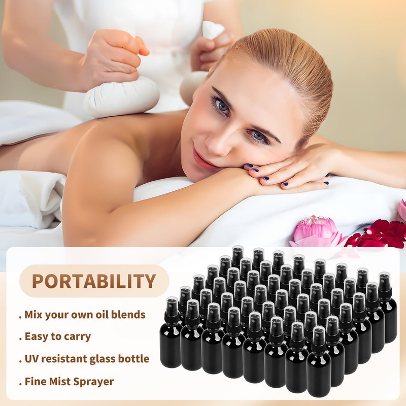 BILLIONSTARS 48 Pack 2oz Glass Boston Round Bottle with Fine Mist Sprayer - UV Black - Essential Oils, Bath, Beauty, Hair & Cleaning - Leakproof Travel Bottles