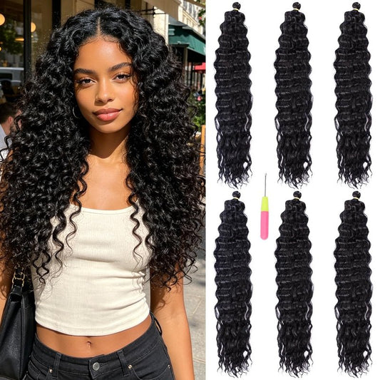 Ocean Wave Crochet Hair Extensions Deep Wave Crochet Hair for Women 22inch 6Packs Synthetic Crochet Hair Curly #1B Natural Black