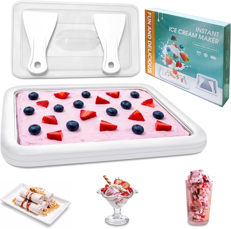 Rolled Ice Cream Maker - DIY Instant Ice Cream Tray with Lid & 2 Spatulas | 10.24'' x 8.24'' for Soft Serve & Frozen Treats