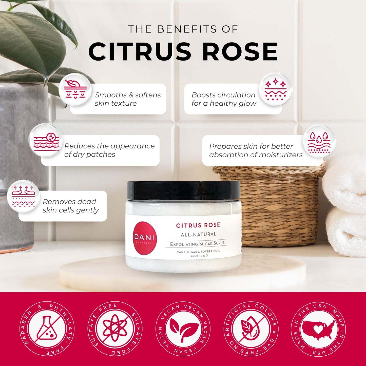 DANI Naturals Citrus Rose Gentle Exfoliating Sugar Scrub, Vegan, 14oz