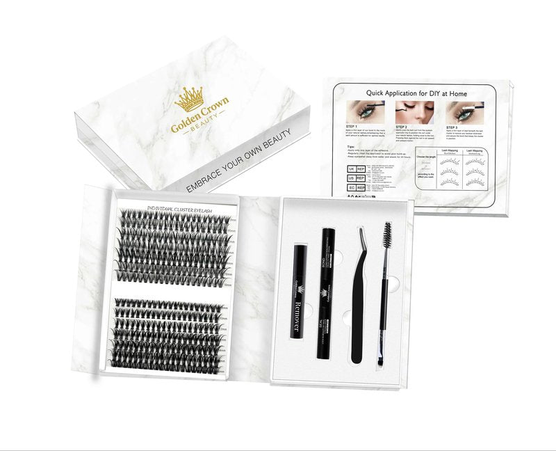 Cluster Lash Extension Kit – Natural Look, Reusable At-Home Lash Kit, DIY Segment Lashes, Mink-Style Clusters with Bond & Seal D Curl / 8mm–16mm