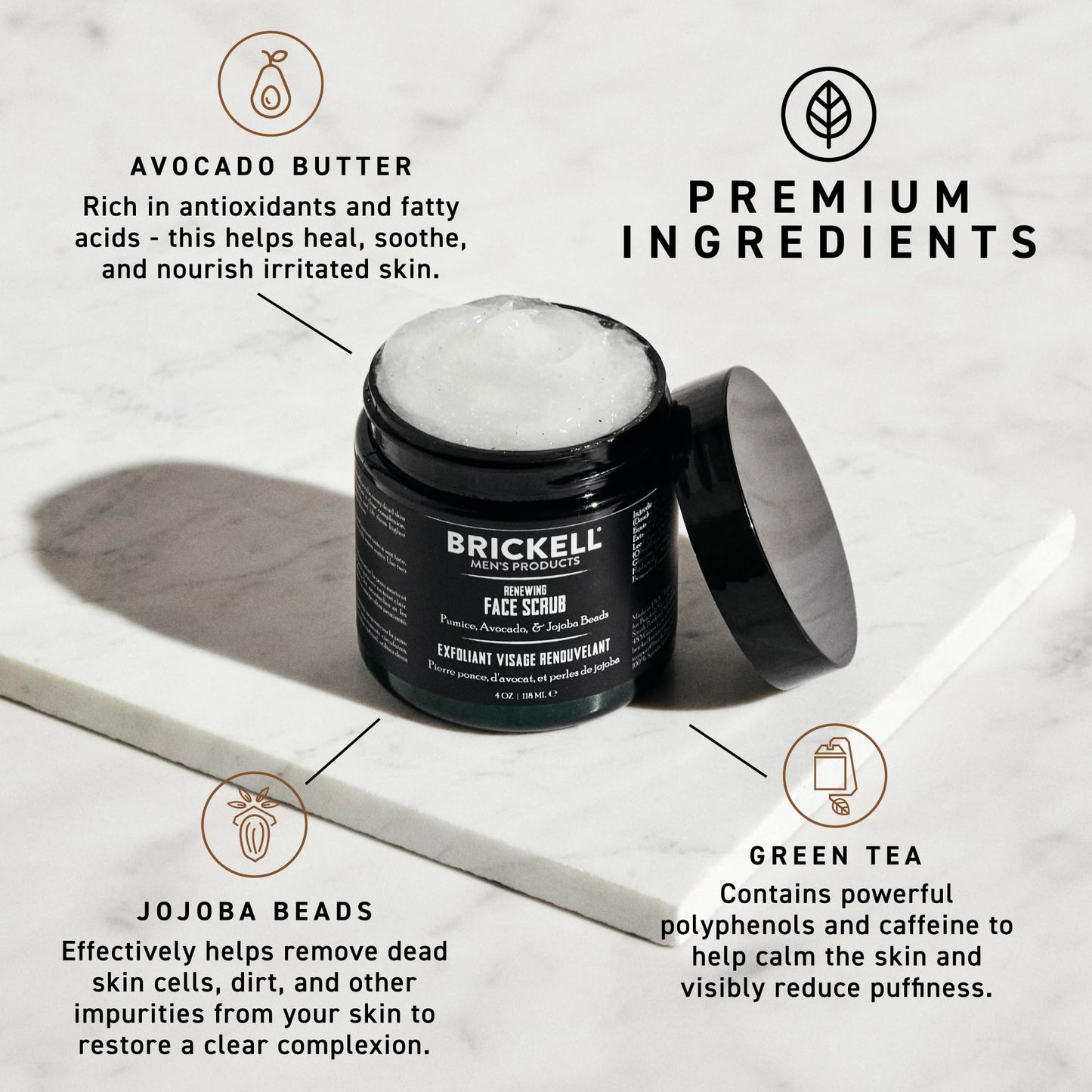 Brickell Men's Renewing Face Scrub for Men, Natural and Organic Deep Exfoliating Facial Scrub Formulated with Jojoba Beads, Coffee Extract and Pumice, 2 Ounce, Scented