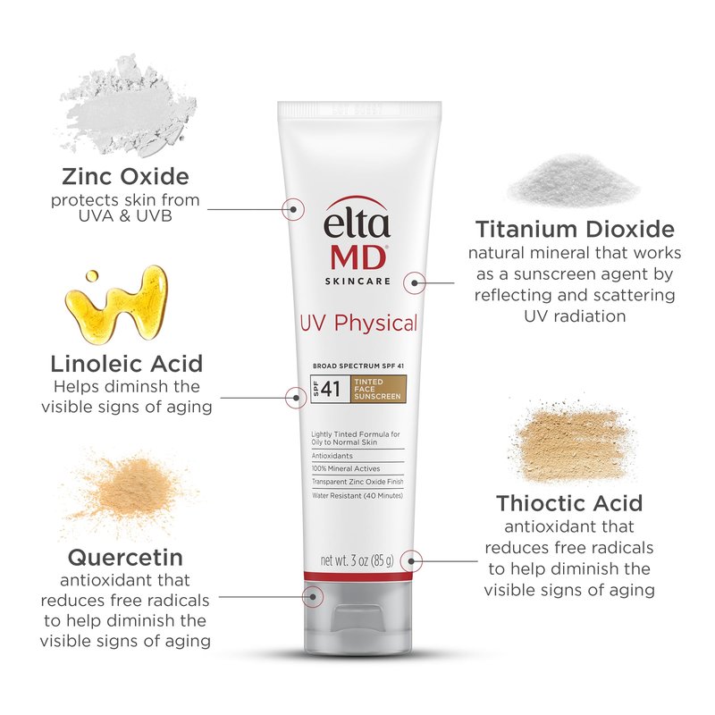 EltaMD UV Physical Tinted Mineral Sunscreen for Face SPF 41, 100% Mineral Actives Tinted Face Lotion, Water Resistant, Paraben-Free, Transparent Zinc Oxide Finish, Facial Travel Size Sunscreen 3 oz