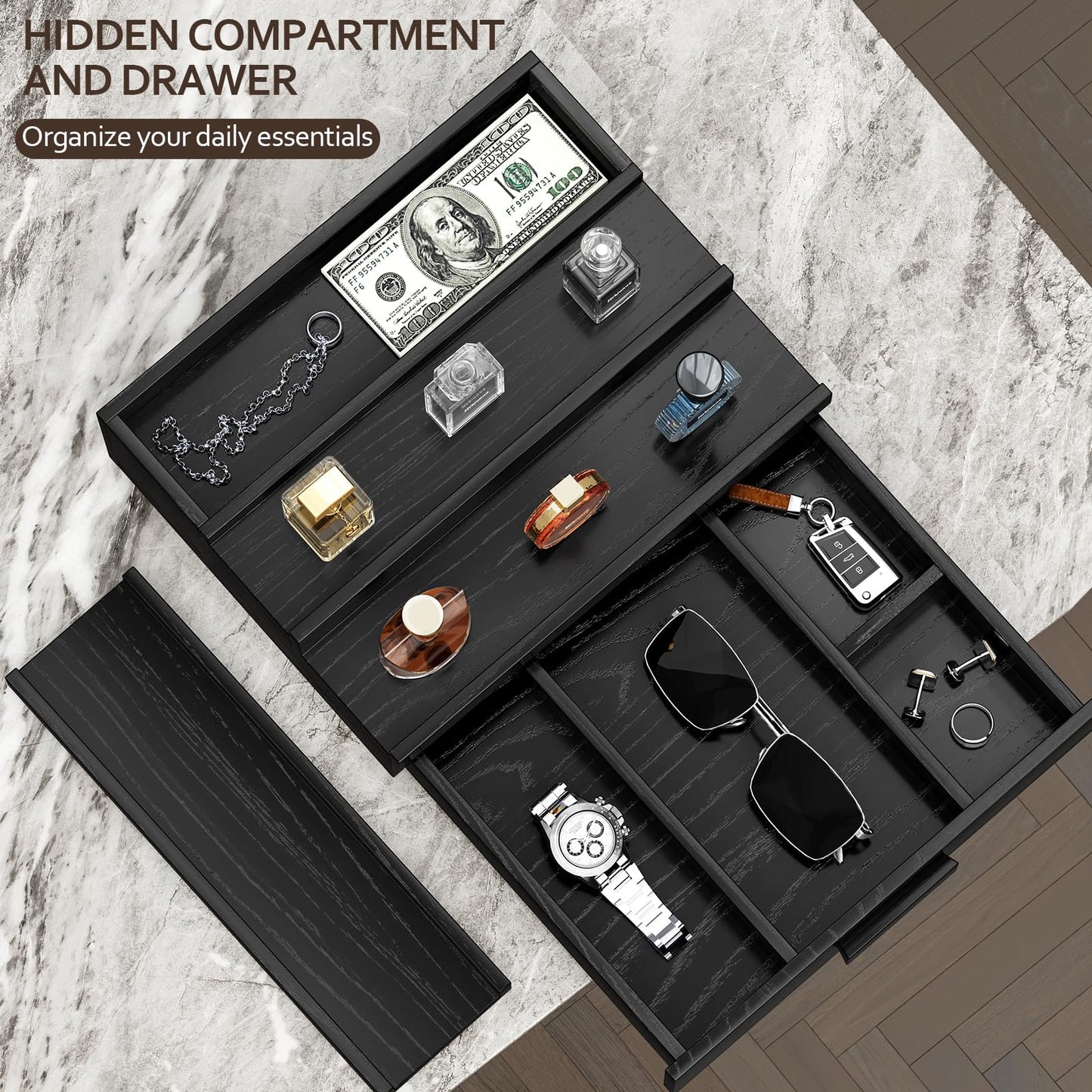 Hrbjunuo Solid Walnut Cologne Organizer for Men,3 Tier Cologne Stand,Wooden Cologne Holder Display Shelf with Drawer Storage and Hidden Compartment,Black Perfume Stand Organizer,Gifts for Men Husband
