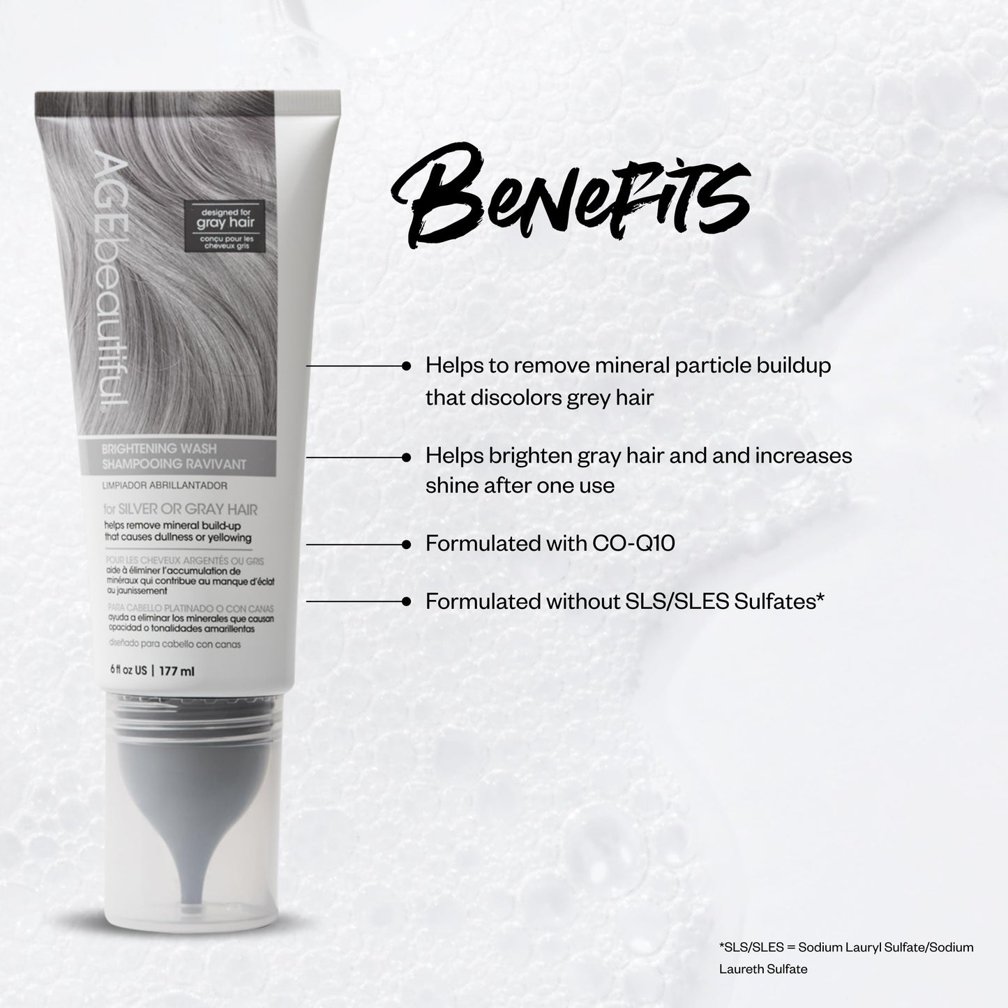 AGE beautiful Brightening Shampoo for Silver & Gray Hair, Clarifying Wash with CoQ10 + Charcoal, Removes Mineral Build-Up & Pollution for Bright, Shiny Hair, Sulfate-Free, Color-Safe