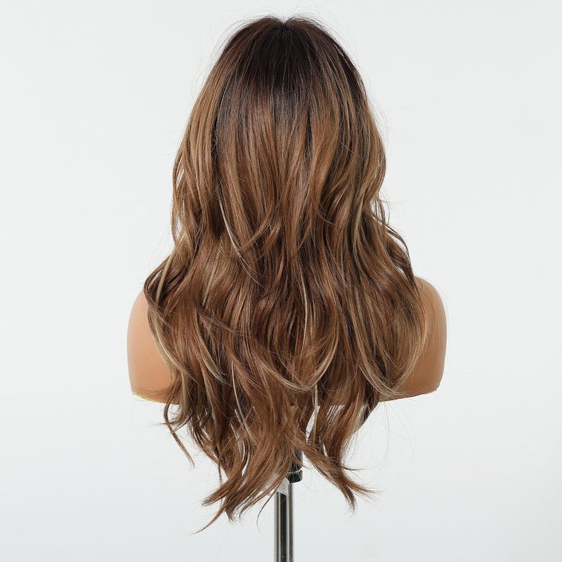 Rovizère Long Wavy Wig with Bangs, Light Brown Ombre Synthetic Hair, Layered Cut, 26 Inches Style 001