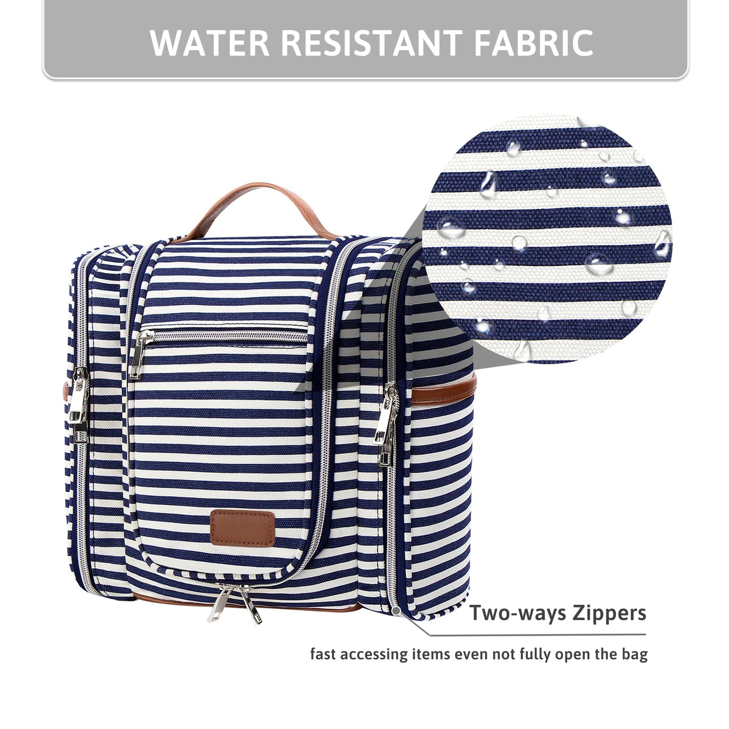 Pearl Angeli Hanging Toiletry Bag for Women and Men, Large Makeup Cosmetic Bag, Water Resistant Toiletries Travel Essentials Organizer, Full-size Container, Navy-striped