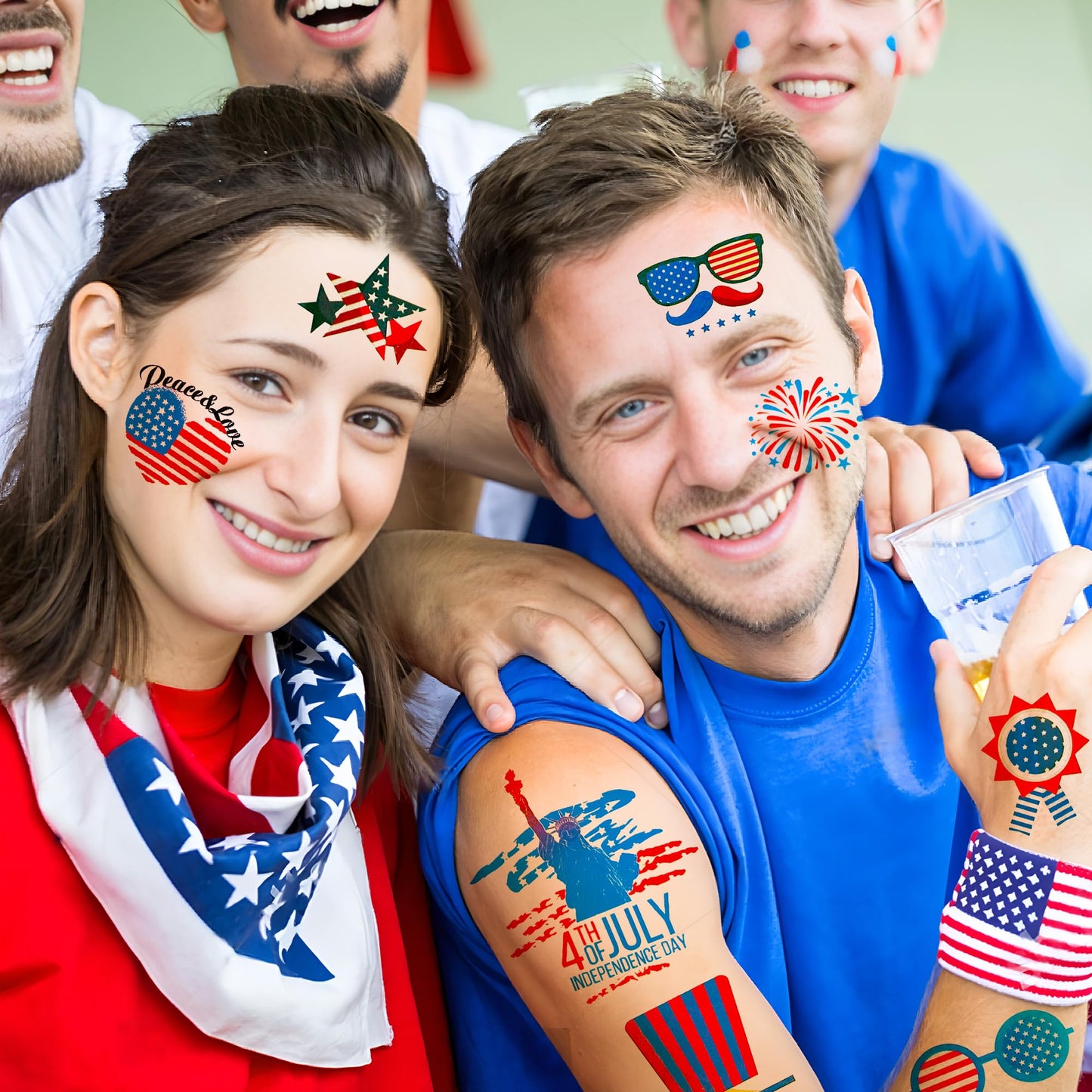 4th of July Tattoos,100PCS 4th of July Temporary Tattoos,Fourth of July Accessories,Red White and Blue Party Supplies Independence Day 2.7x 4.8 inches 10 Sheets