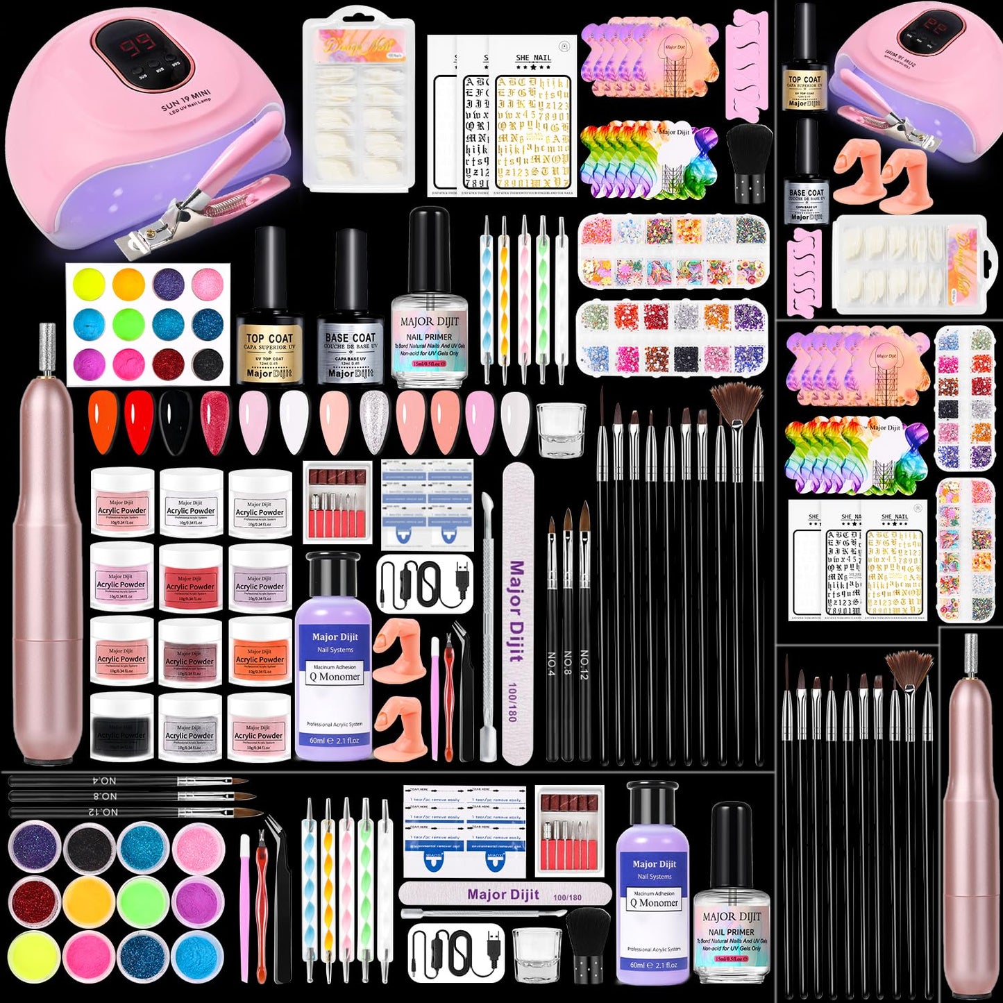 Major Dijit Complete Acrylic Nail Starter Kit with LED Lamp, 12 Colors Powder Acrylic Liquid Base/Top Coat Primer Electric Drill – DIY Nail Art Tools for Home & Salon