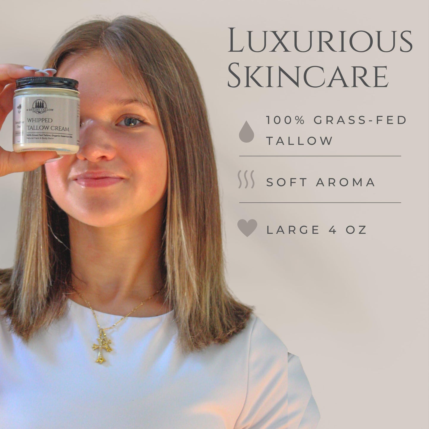 100% Grass Fed Beef Tallow For Face & Skin - All Natural Tallow Face Cream - Whipped Moisturizer Lotion - Made in USA - 100% Organic Essential Oils - Lrg 4 Fl Oz - For Sensitive Skin - (Unscented)