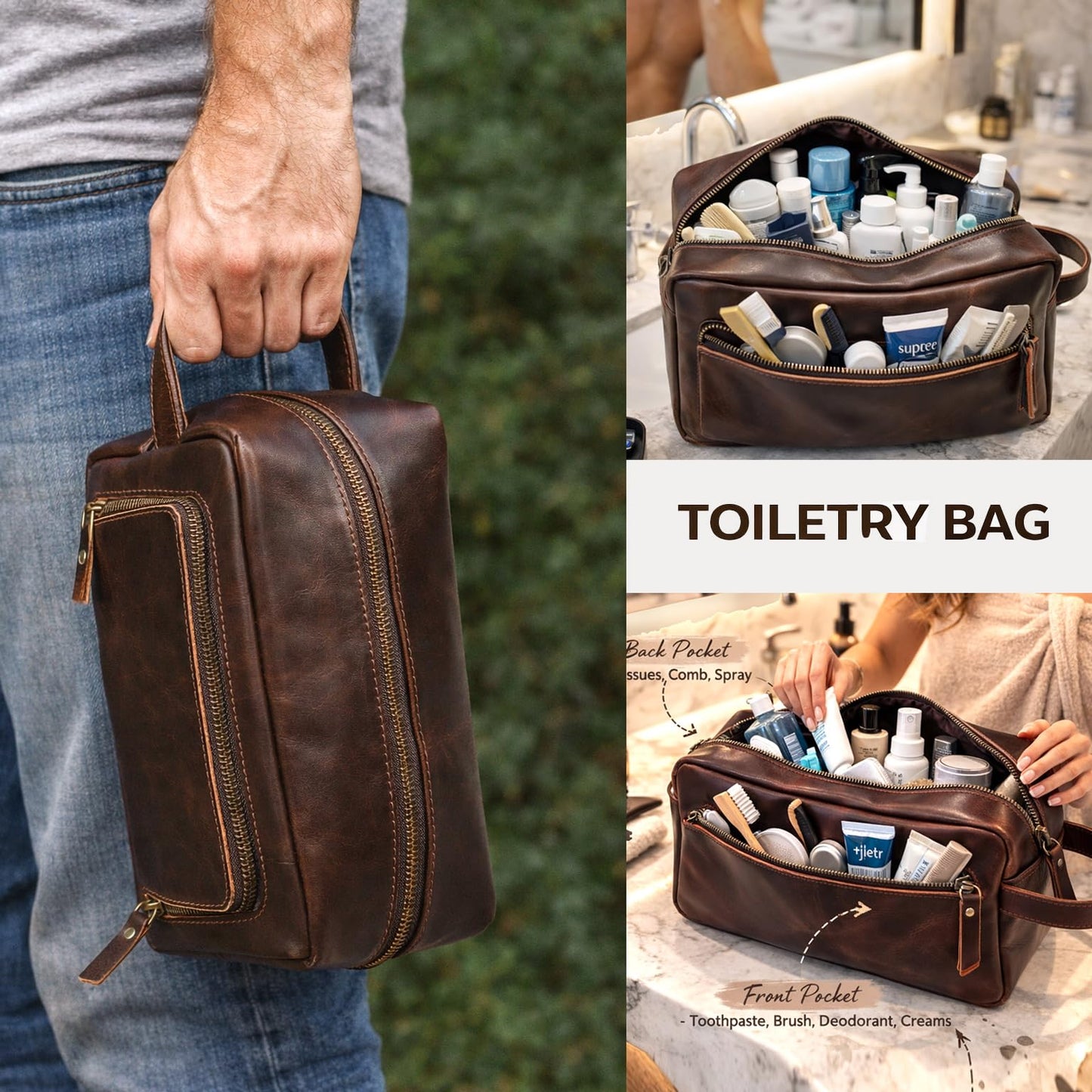 cuero Leather Brown Dopp Kit Unisex Travel Toiletry Cosmetic Pouch Shaving Kit Men Women (black)