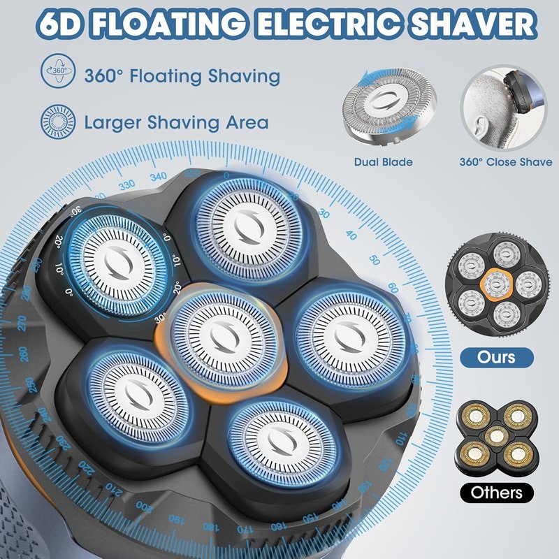 6D Electric Head Shaver for Men - Waterproof Rechargeable Razor with LED Display | Cordless Grooming Kit