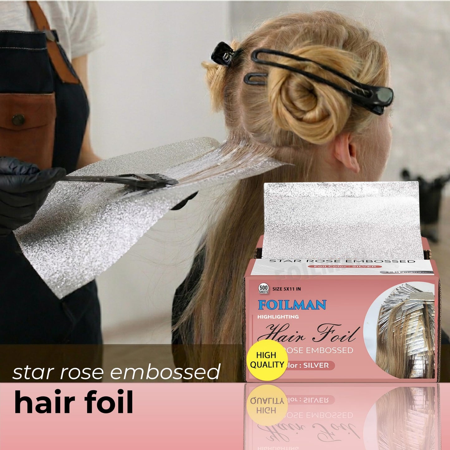 Foilman Pre-Cut Silver Pop-Up Hair Foil, Star Rose Embossed Foils for Highlighting, Aluminum Hair Foil Sheets - 5 x 11 Inch- 2 Pack (1000 Sheets)