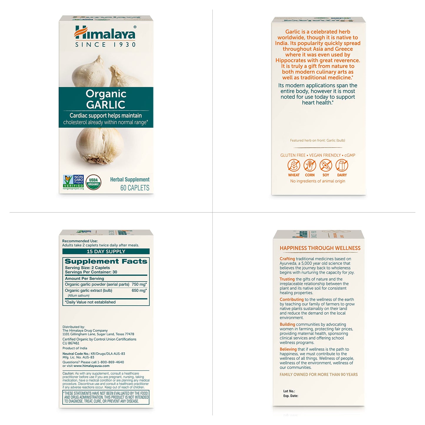 Himalaya USDA Organic Garlic Supplements, 1400 mg, 60 Caplets, 2 Pack
