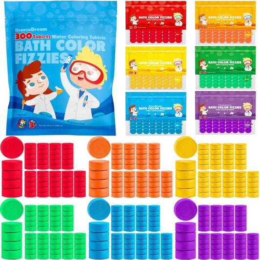 300 Count Bath Color Tablets for Kids, Non-Toxic & Fragrance-Free Fizzies Tablets, 6 Vibrant Water Colors, Kid-Friendly Bath Bombs Set for Fun Bath Time, Ideal for Kids Ages 3+