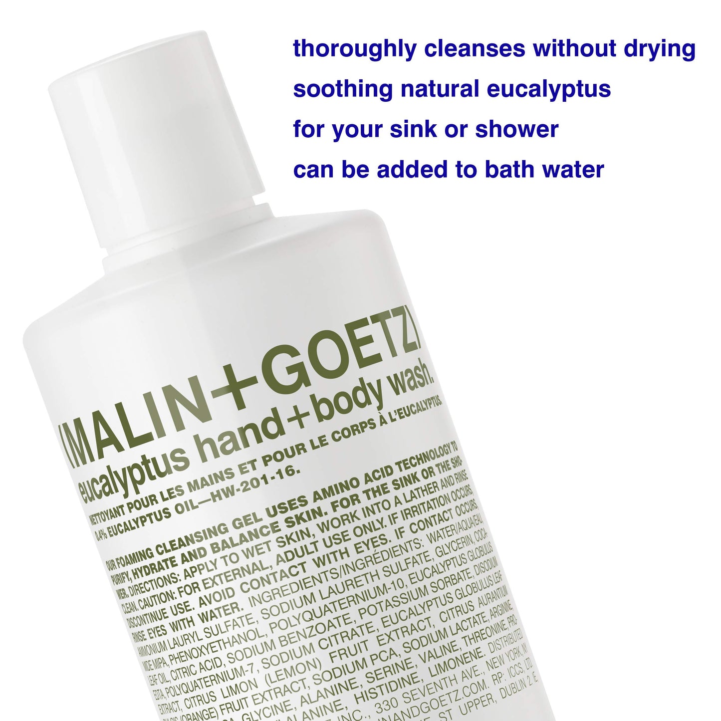 MALIN+GOETZ Hand + Body Wash | Gentle Foaming Cleanser with Botanical Extracts and Amino Acids | Hydrating, pH-Balanced, Unisex Scent | Vegan & Cruelty-Free (Eucalyptus, 16 Fl Oz)