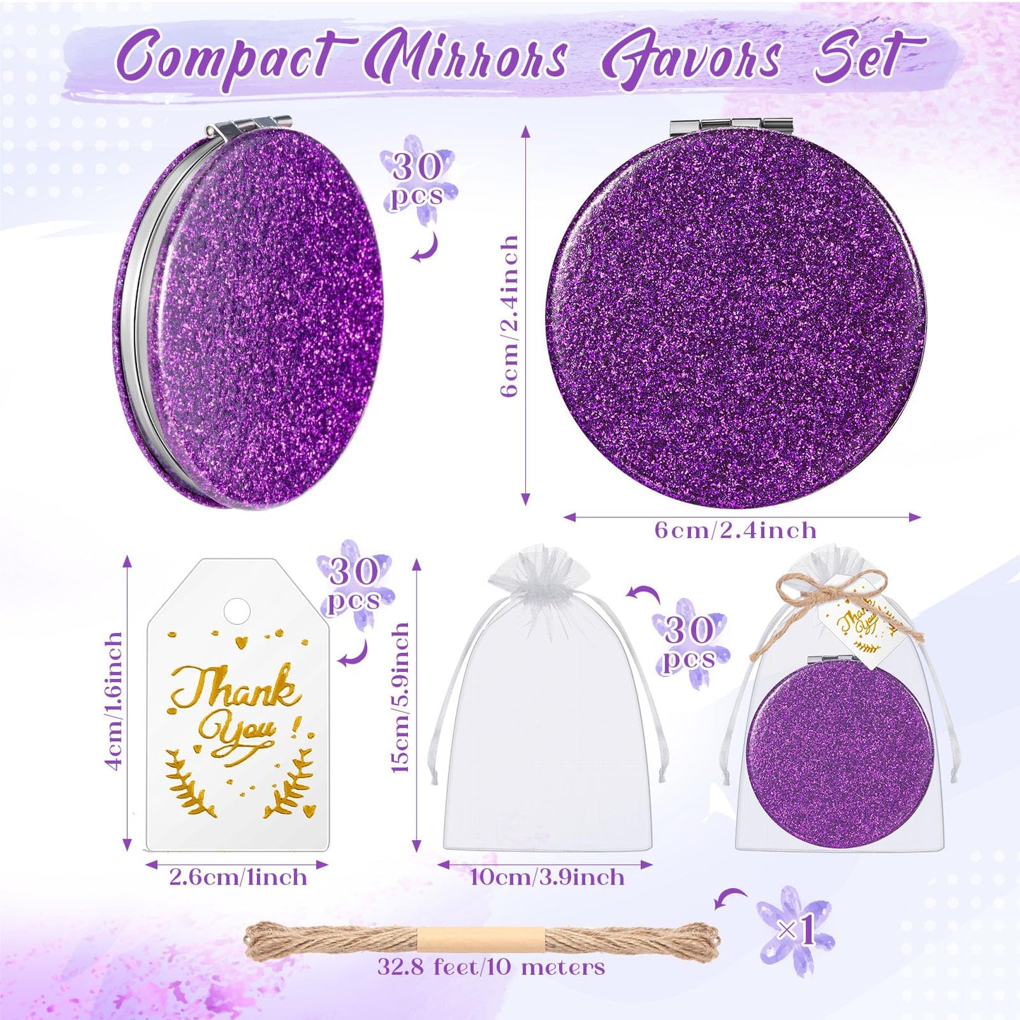 Chunful 30 Sets Compact Magnifying Mirrors Gifts with Thank You Card and Rope Quinceanera Party Favors for Guests Bridal Shower Wedding Souvenir Bridesmaids Mother's Day(Purple)