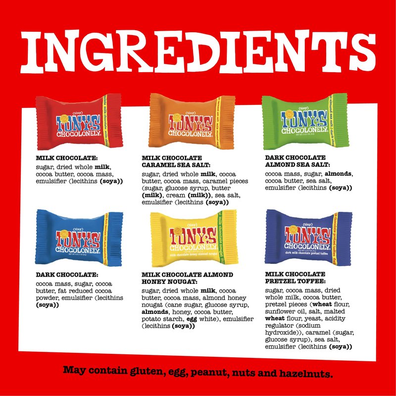Tony’s Chocolonely Assorted Chocolate Candy Pieces, Belgian Milk & Dark Chocolate, Caramel Sea Salt, Almond Sea Salt, Honey Almond Nougat, Pretzel Toffee, Quality Fairtrade Cocoa, 36 Count, 11.28 Oz