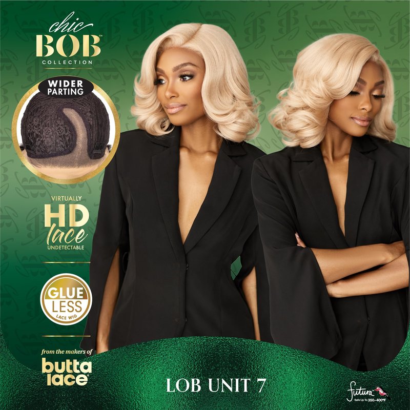 Sensationnel Chicbob Lace Frontwig - Lob Unit 7 Face Framing Glueless Wig Wide 5 Inch Deep Part Synthetic Preplucked Hairline (1B OFFBLACK)